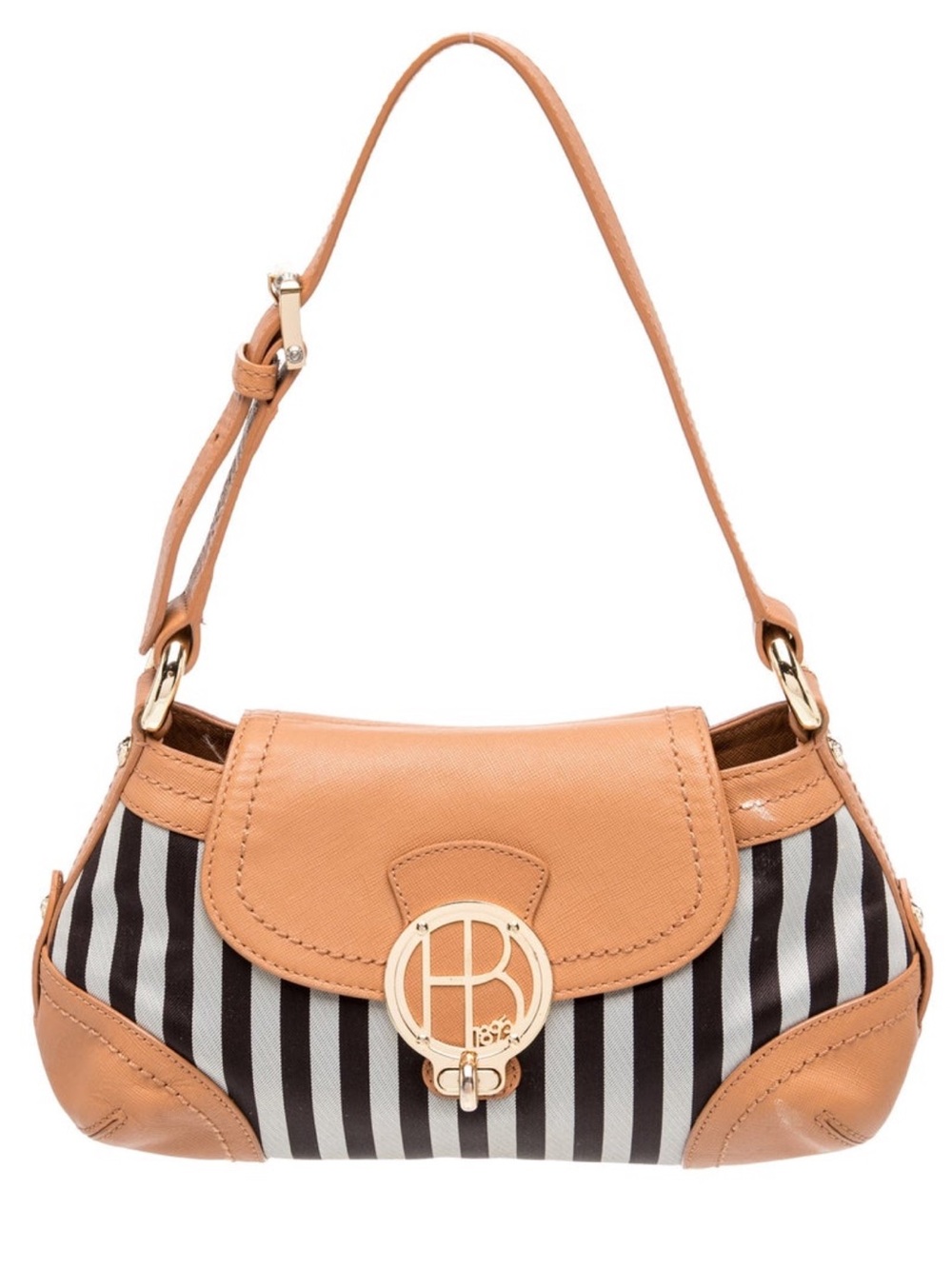 SOLD LIVE! Henri Bendel Tan Leather & Signature Striped Canvas Shoulder Bag